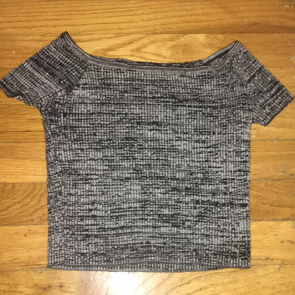 Grey and black, off the shoulder top.